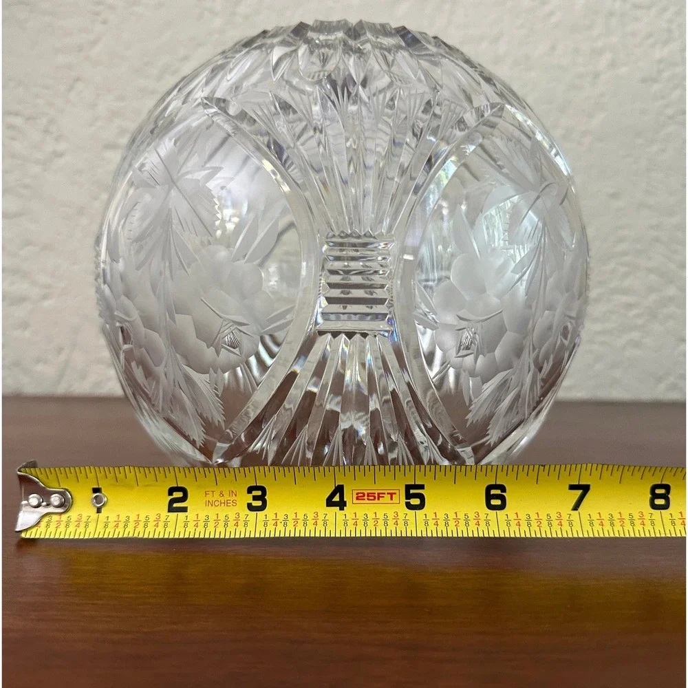 Crystal Frosted Floral Etched Cut Glass Clear Rose Bowl Vase Vintage Cottagecore